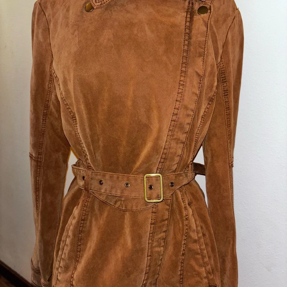 Anthropologie Everyday Moto Jacket Womens Medium Cognac Asymmetrical Zip Belt - Picture 4 of 6